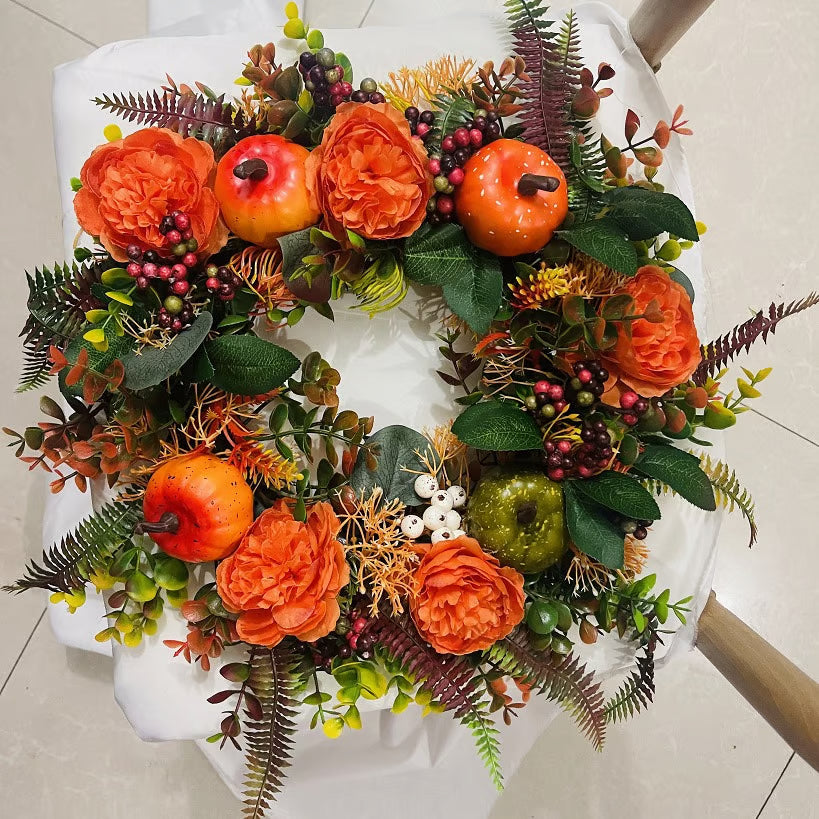 Türkranz Herbst | Handgefertigt | Pfingstrosen & Kürbis Design | Für Innen & Außen