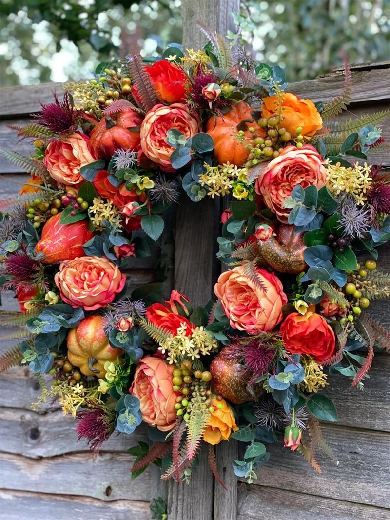 Türkranz Herbst | Handgefertigt | Pfingstrosen & Kürbis Design | Für Innen & Außen
