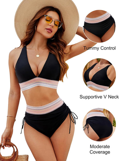 Bikini-Sets mit hoher Taille und Bauchkontrolle in Farbblock-Optik