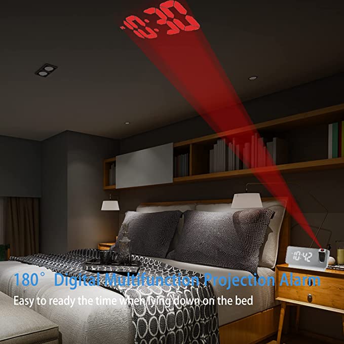 Projektionswecker | LED-Spiegeldisplay | 180° drehbare Projektion | Doppelalarm & Raumklimadisplay