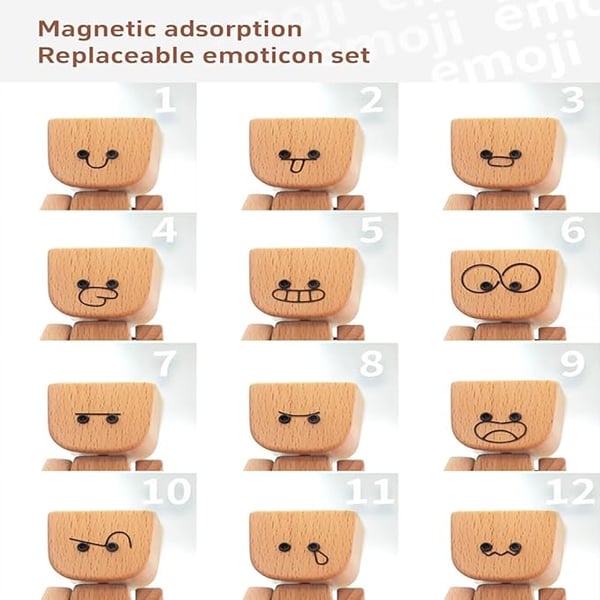 Holzfigur | Handgefertigtes Wackel-Dekoobjekt | 12 magnetische Gesichtsausdrücke | Auto & Schreibtisch