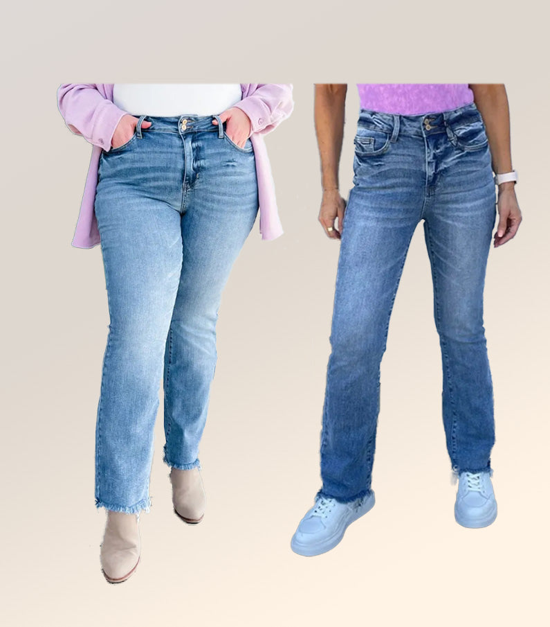 Damen Bootcut Jeans | Hohe Taille | Stretch Denim mit Fransen-Saum | Figurbetonte Passform