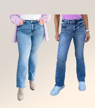 Damen Bootcut Jeans | Hohe Taille | Stretch Denim mit Fransen-Saum | Figurbetonte Passform