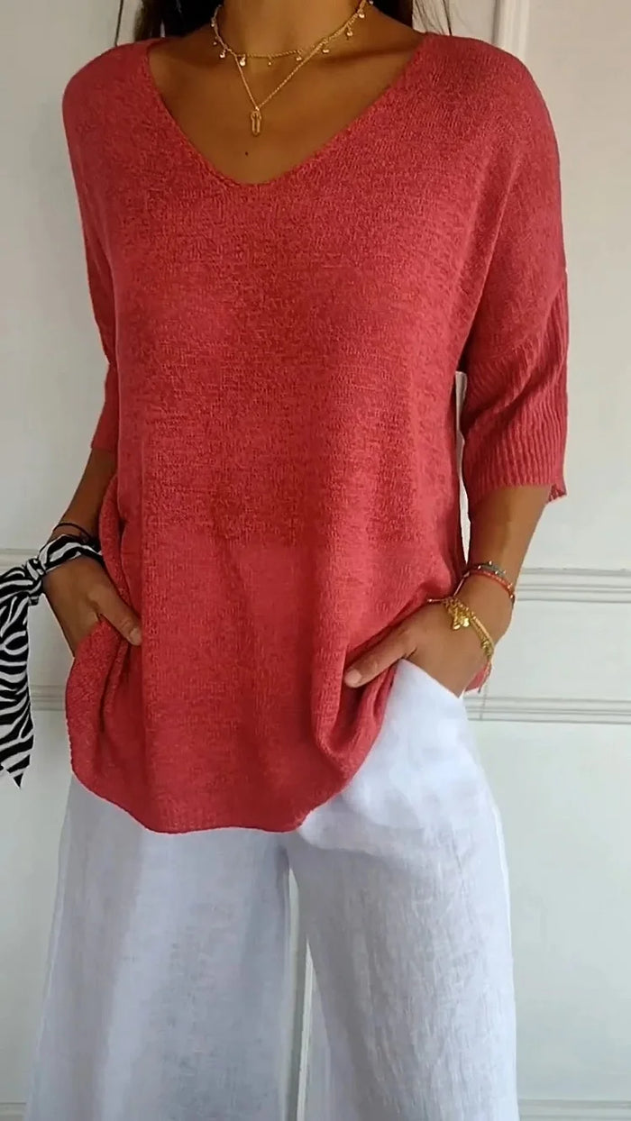 Stricktop Mit V Ausschnitt Für Damen | 3/4 Ärmel
