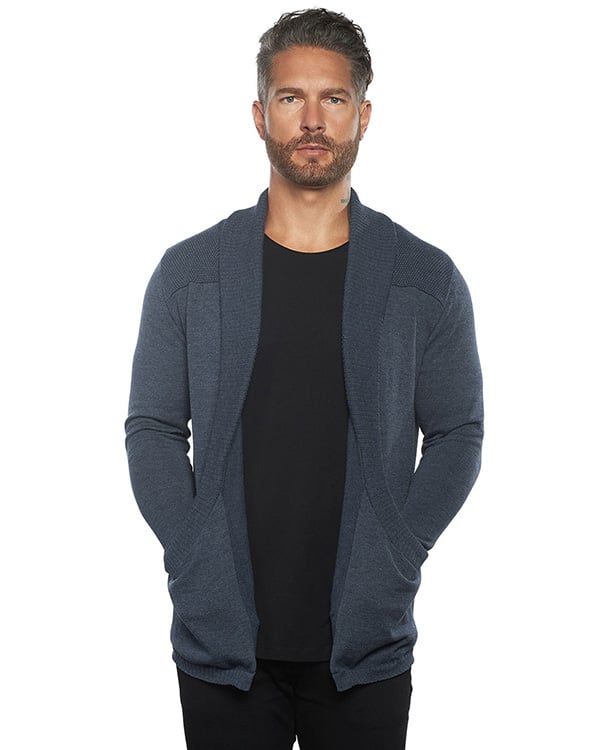 Herren Cardigan Strickjacke | Slim Fit | Leichtes Strickmaterial mit Stretch | Schalkragen & Taschen | Oat/Graphite/Blue