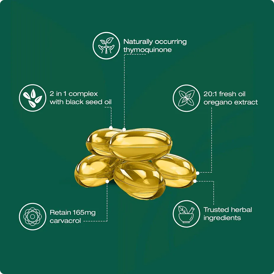 Oreganoöl Kapseln | Mit Schwarzkümmelöl & 85% Carvacrol | Natürliches Darmwohl & Immunsupport