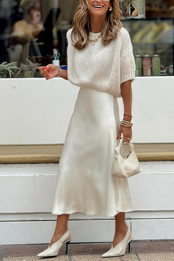 Damen Strickbluse | Schlanker Schnitt | Kurze Ärmel | Einfarbig | Pullover-Stil | Weiß S-XL