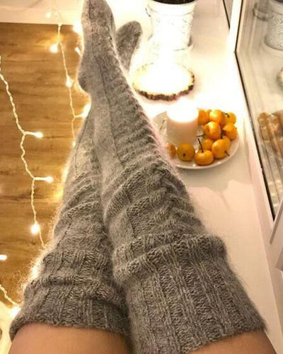 Damen Strick Überknie Socken | Wollmischung mit Alpaka & Mohair | Warm & Dehnbar | Winter Kniestrümpfe