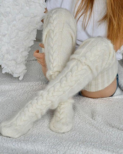 Damen Strick Überknie Socken | Wollmischung mit Alpaka & Mohair | Warm & Dehnbar | Winter Kniestrümpfe