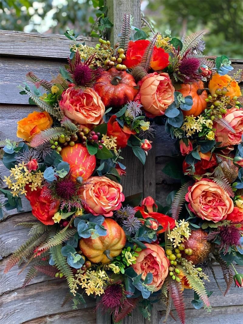 Türkranz Herbst | Handgefertigt | Pfingstrosen & Kürbis Design | Für Innen & Außen