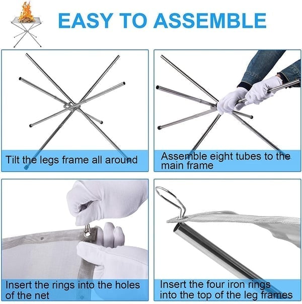 Faltbare Feuerstelle aus Edelstahl | Leicht & Tragbar | Camping Feuerkorb mit Netz & Tragetasche | Für Outdoor & Garten