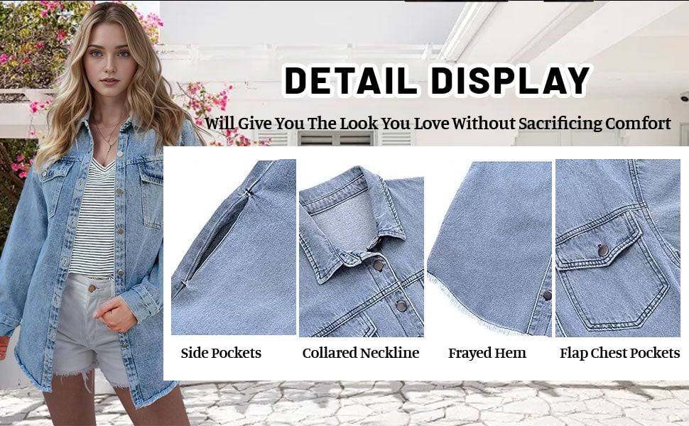 Damen Jeansjacke im Straßenstil | Design mit rohem, aufgerissenem Rand | Mehrere Taschen | Baumwollmix