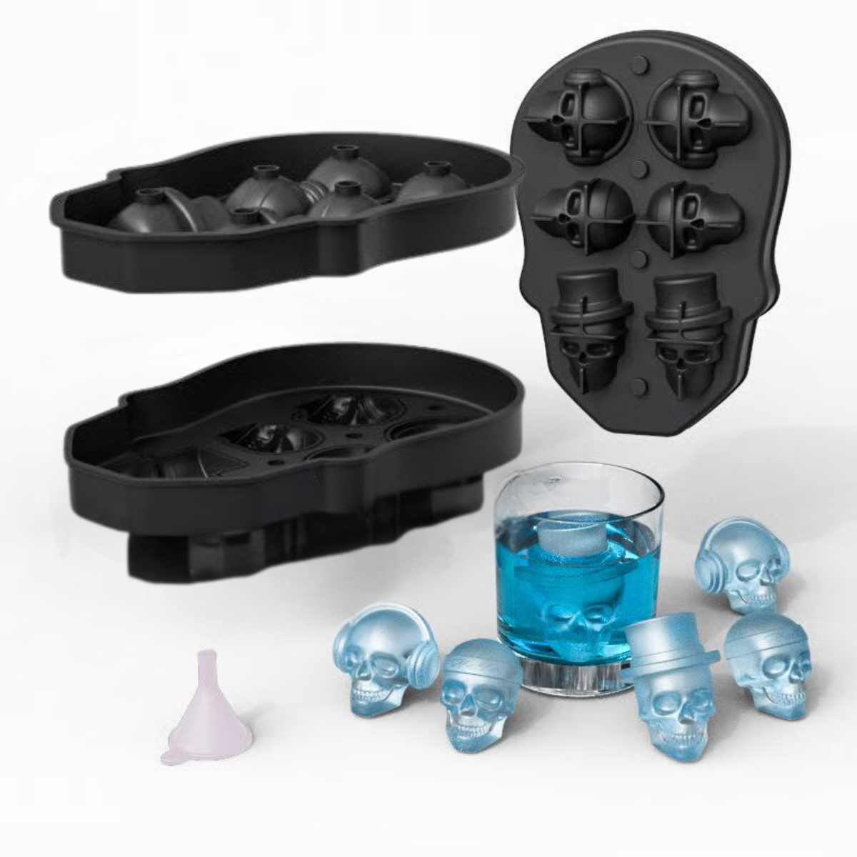 Halloween Eiswürfelform Schädel | 3D Silikonform | Mit Deckel & Trichter