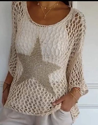 Stefanie Damen Häkel-Spitzentop | Rundhalsausschnitt & 3/4-Ärmel | Feminine Eleganz für Frühling & Sommer