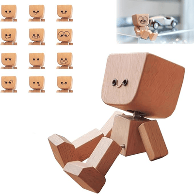 Holzfigur | Handgefertigtes Wackel-Dekoobjekt | 12 magnetische Gesichtsausdrücke | Auto & Schreibtisch