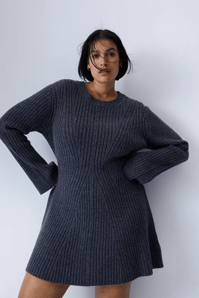 Damen Strickkleid | Rib-Knit mit Schlitzärmeln | Rundhals & Figurbetonte Passform
