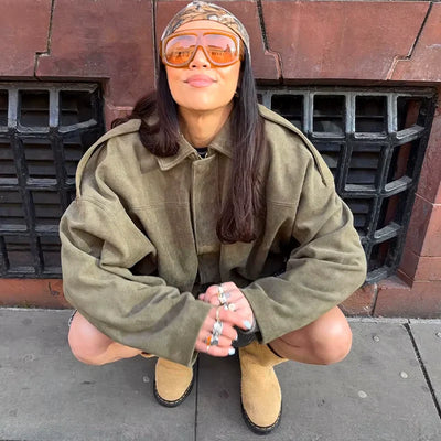 Damen Überdimensional Jacke | Weiche Wildlederoptik | Voll gefüttert | Khaki