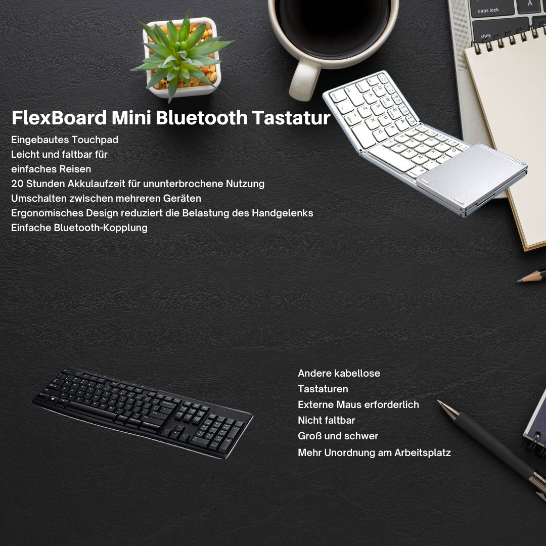 Mini Bluetooth Tastatur faltbar | Kompakt & Leicht mit Touchpad | 20h Akku | Für Windows, Mac, Android & iOS