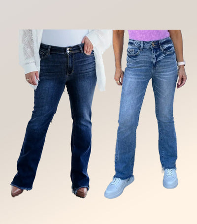 Damen Bootcut Jeans | Hohe Taille | Stretch Denim mit Fransen-Saum | Figurbetonte Passform