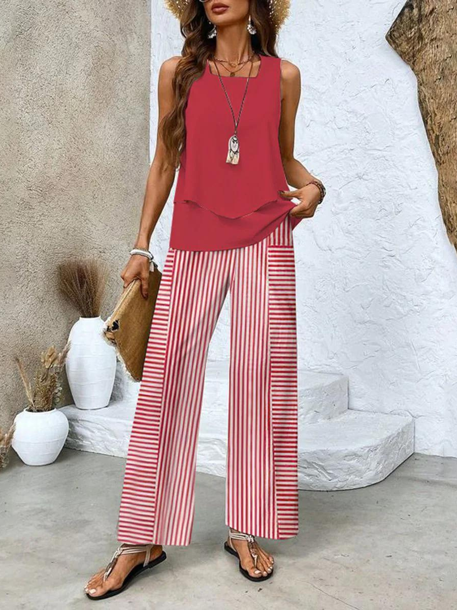 Zweiteiliges Ärmelloses Damenoberteil Und Gerade Geschnittene Hose | Chic