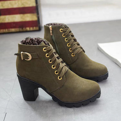 Damen Stiefeletten mit Blockabsatz | Warm Gefüttert | Rutschfeste Sohle | Goldene Details