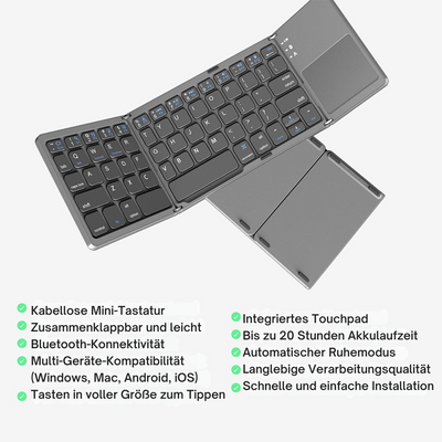 Mini Bluetooth Tastatur faltbar | Kompakt & Leicht mit Touchpad | 20h Akku | Für Windows, Mac, Android & iOS