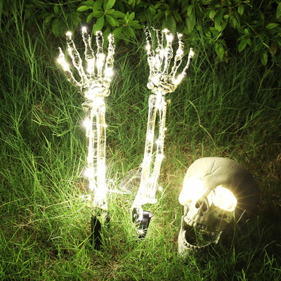 Halloween Deko mit LED-Licht | Schädel & Hände | Wetterfest | 8 Leuchtmodi | Batteriebetrieben