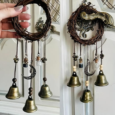 Hexenglocken Hängedeko | Handgefertigt | Rattanring & Mondanhänger | Boho Witchcore Stil