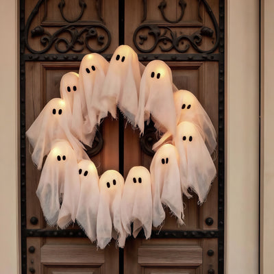 Halloween Geisterkranz mit LED-Beleuchtung | 12 Leuchtgeister | Batteriebetrieben & Leicht Aufzuhängen