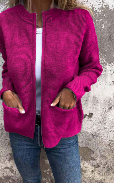 Damen Strickjacke | Rundhalsausschnitt & Reißverschluss | Weiche Baumwolle