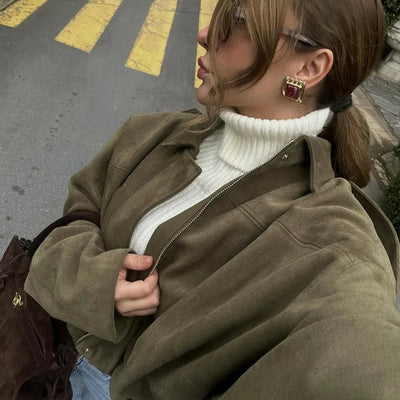 Damen Überdimensional Jacke | Weiche Wildlederoptik | Voll gefüttert | Khaki