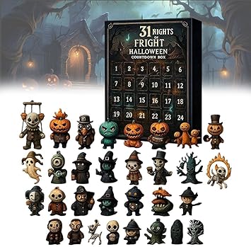Halloween Rückwärtszähler Kiste | 31 Nächte des Gruselns | Adventskalender mit 31 Überraschungen | Figuren, Anhänger & Deko