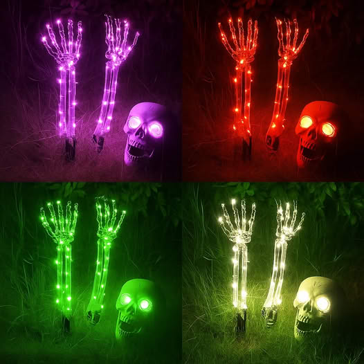 Halloween Deko mit LED-Licht | Schädel & Hände | Wetterfest | 8 Leuchtmodi | Batteriebetrieben