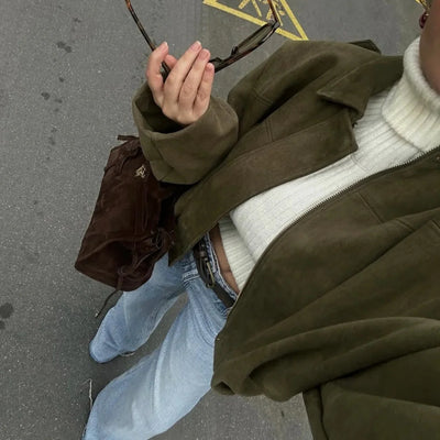 Damen Überdimensional Jacke | Weiche Wildlederoptik | Voll gefüttert | Khaki