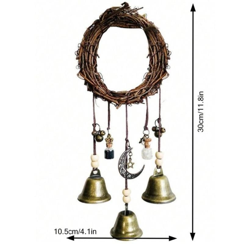 Hexenglocken Hängedeko | Handgefertigt | Rattanring & Mondanhänger | Boho Witchcore Stil