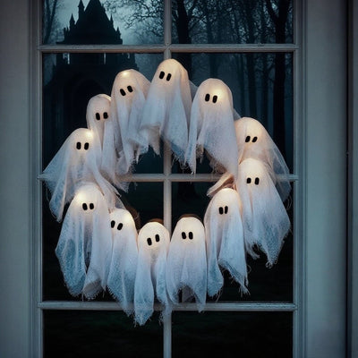 Halloween Geisterkranz mit LED-Beleuchtung | 12 Leuchtgeister | Batteriebetrieben & Leicht Aufzuhängen