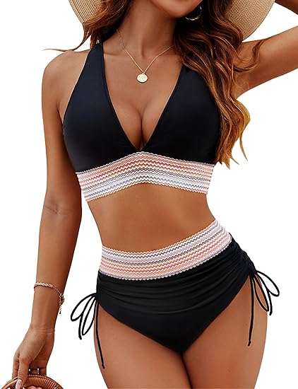 Bikini-Sets mit hoher Taille und Bauchkontrolle in Farbblock-Optik