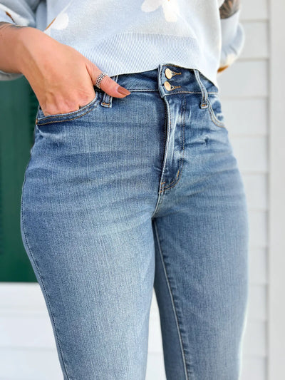 Damen Bootcut Jeans | Hohe Taille | Stretch Denim mit Fransen-Saum | Figurbetonte Passform