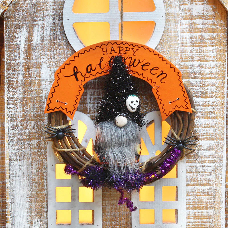 Halloween Türkranz mit Stoffpuppe | Handgefertigter Rattan-Kranz | Herbst & Thanksgiving Deko | Für Tür, Fenster & Garten