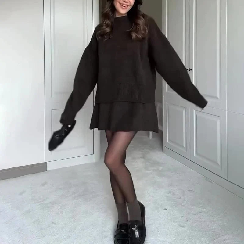 Damen Strick Zweiteiler | Überdimensional Pullover & Minirock | Herbst Outfit