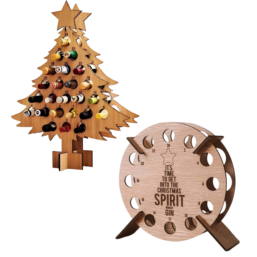 Adventskalender Holz | Weihnachtsbaum Form | Befüllbar mit Bier, Wein & Mini-Flaschen