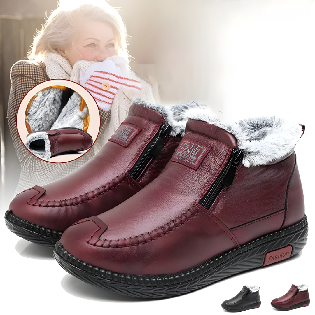 Damen Leder-Stiefeletten | Wasserdicht | Warmes Innenfutter | Rutschfeste Sohle & Reißverschluss