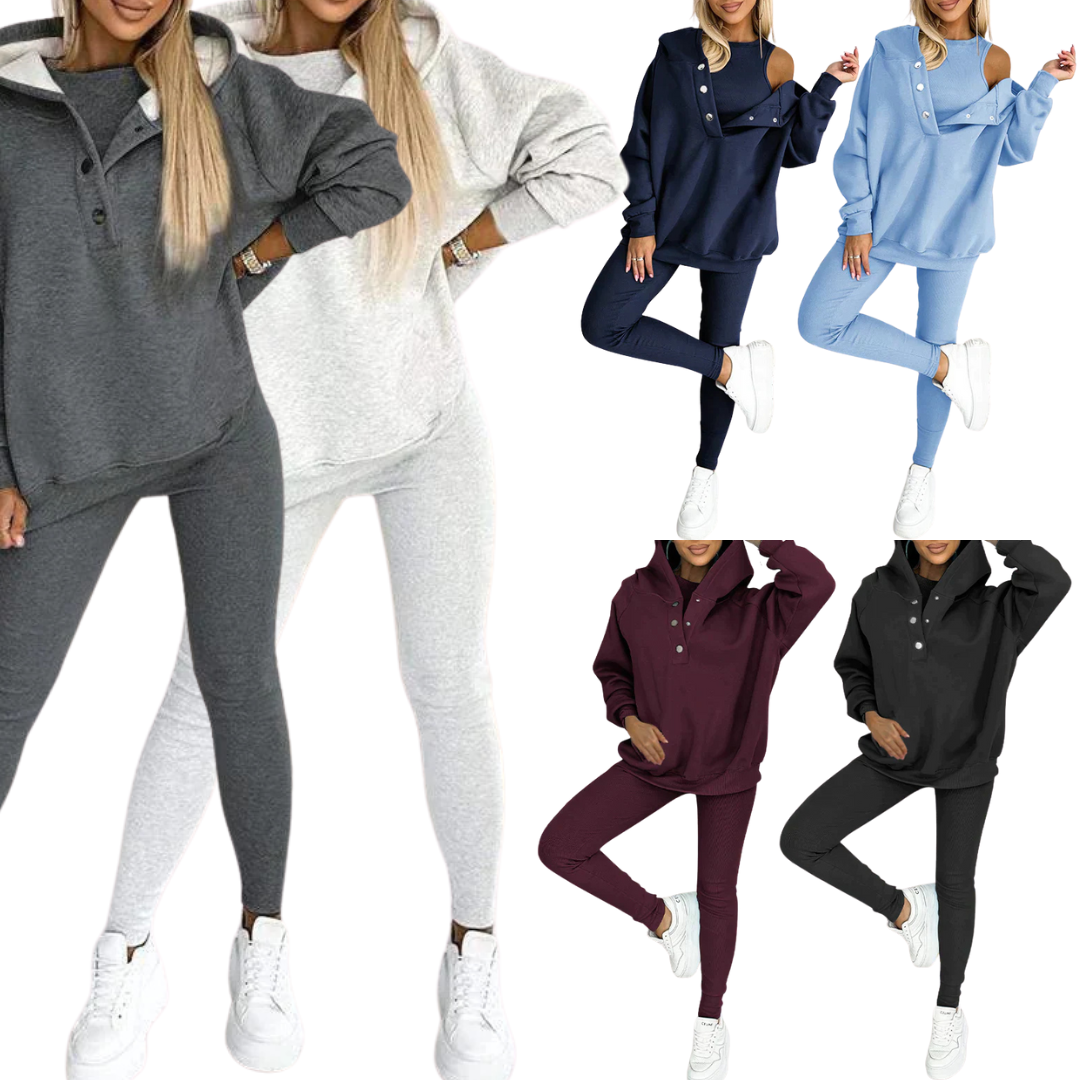 Damen Freizeitanzug Drei-teilig | Kapuzenjacke, Sweatshirt-Hose & Top | Weiches Material