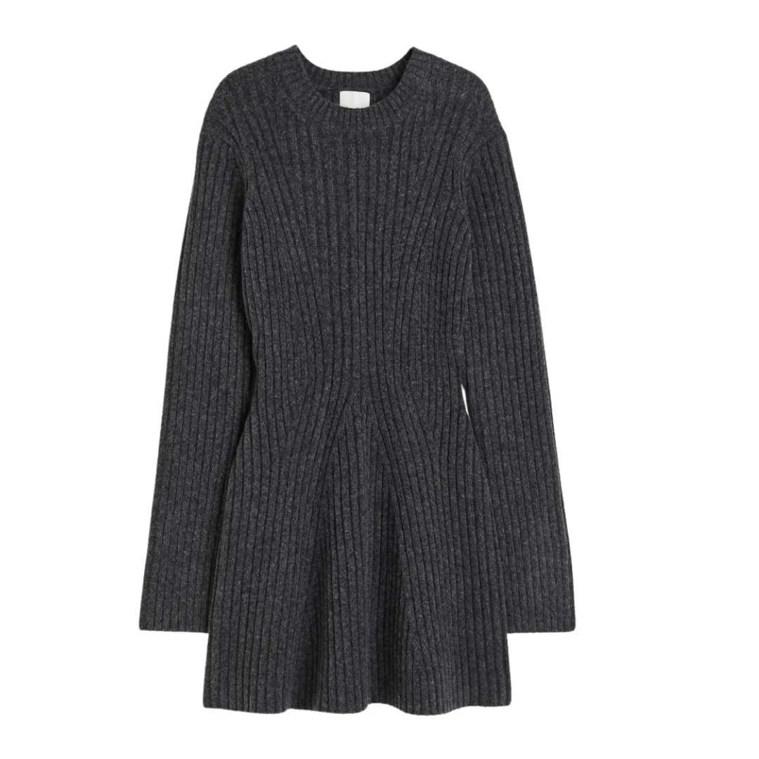 Damen Strickkleid | Rib-Knit mit Schlitzärmeln | Rundhals & Figurbetonte Passform