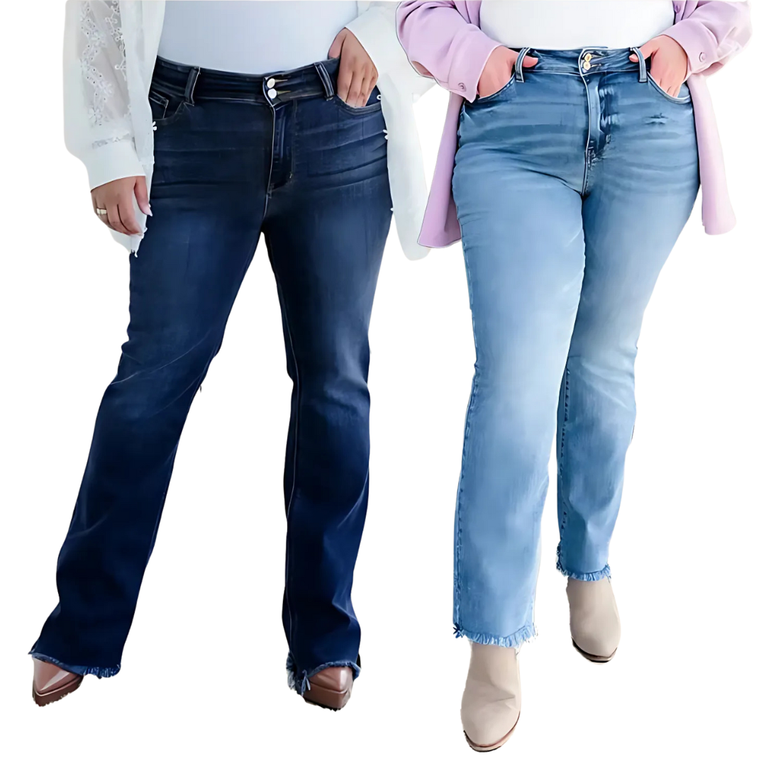 Damen Bootcut Jeans | Hohe Taille | Stretch Denim mit Fransen-Saum | Figurbetonte Passform