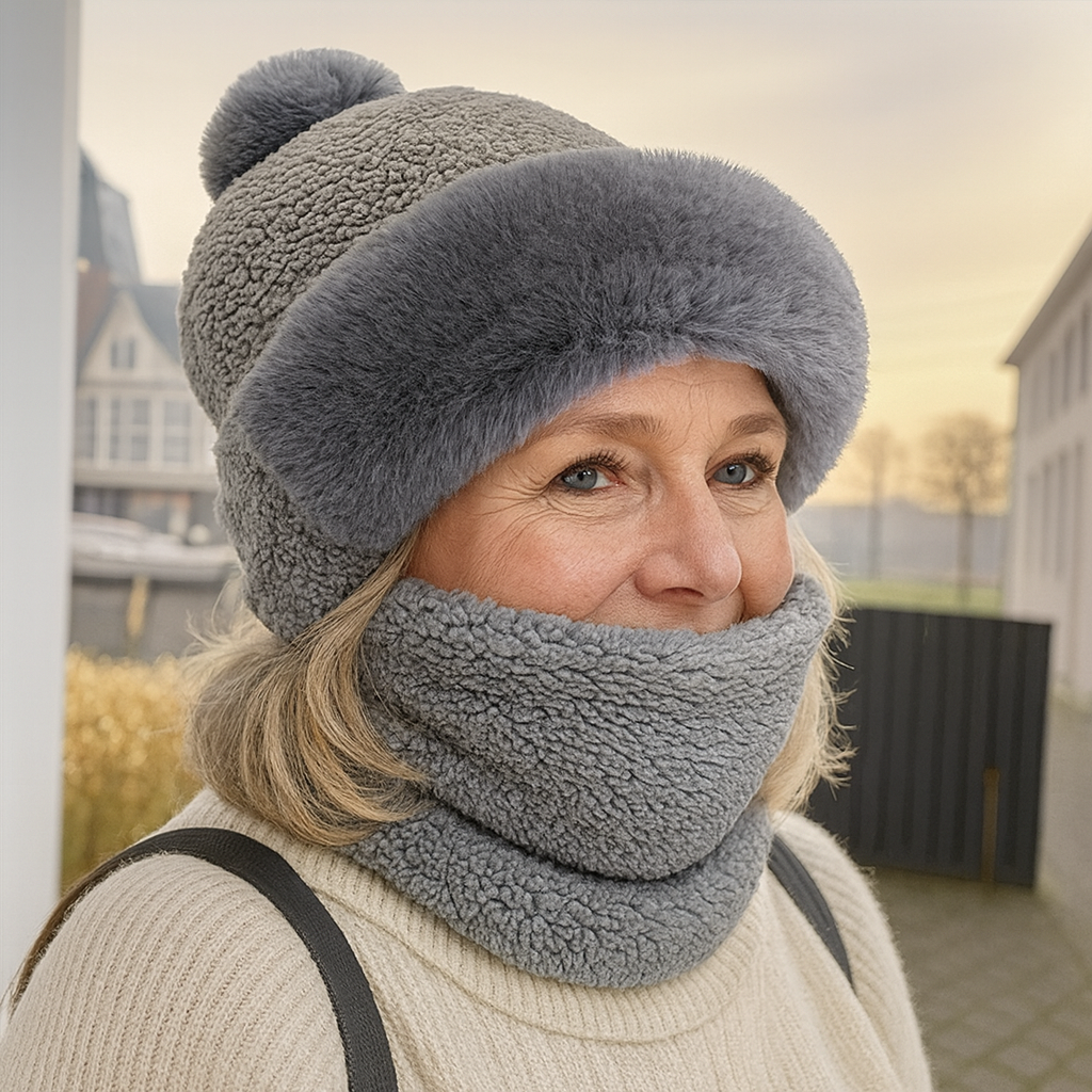 Winterfleece Mütze & Schal Set | Weich & Warm | Mit Pompon | Für Damen