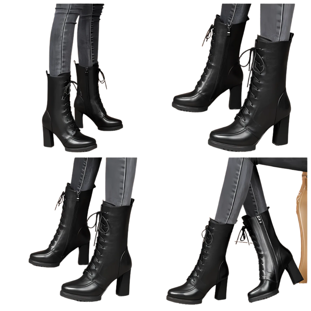 Damen Stiefelette | Lässiges Design mit Schnürung & Reißverschluss | Blockabsatz & Kunstleder