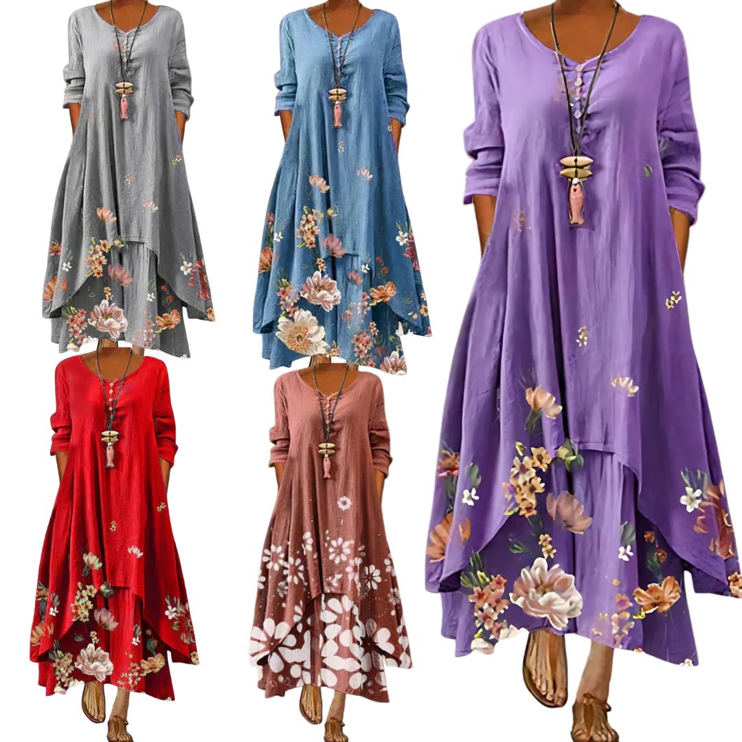 Damen Maxi Kleid | Doppellagiges Sommerkleid mit Print | Langarm & Luftiger Schnitt