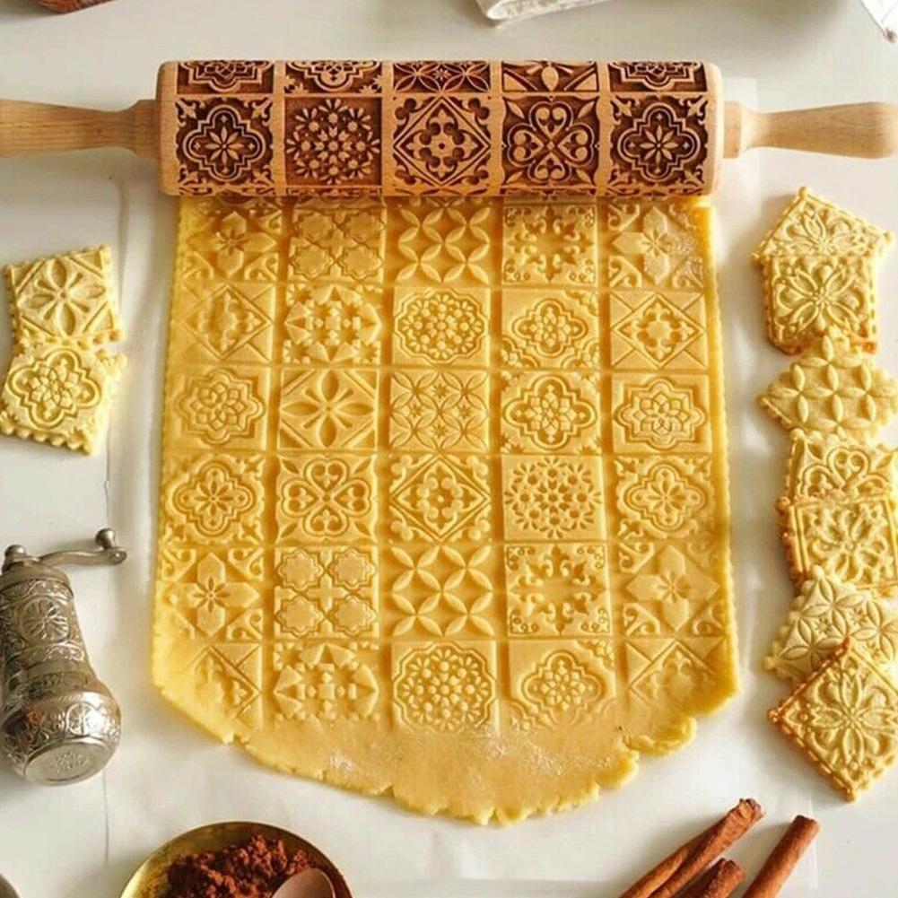 Geprägtes Nudelholz Weihnachtsroller | Handgefertigt aus Buchenholz | Weihnachtsmotive & Ausstechformen