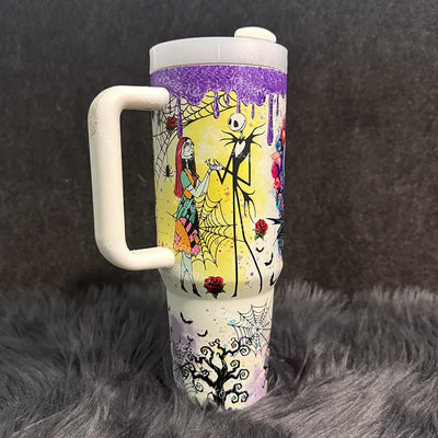 Leuchtender Tumbler Jack & Sally | Leuchtender Becher 1200 ml | Isoliert & Doppelwandig | Halloween & Weihnachts Edition